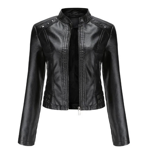 Mujeres Calce Ajustado Remache Motociclista Punk Chaqueta Informal Cuello Alto Corto Motocicleta Abrigo Foto 4 de 4