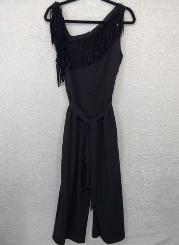 DKNY Asymmetric Neck Rhinestone Studded Fringe Jumpsuit Womens 10  Party Holiday