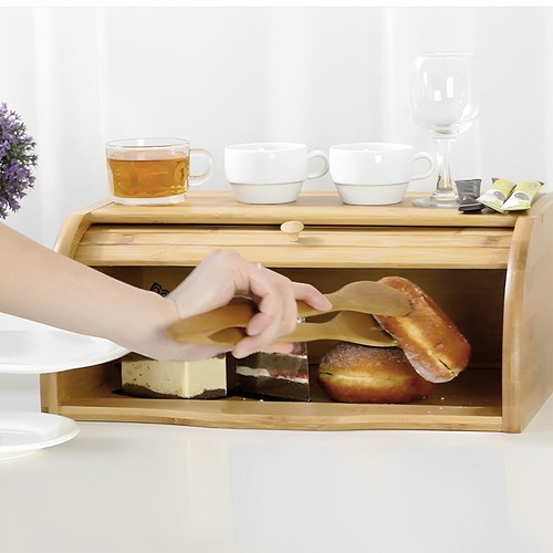 LARGE BREAD BIN BAMBOO WOODEN ROLL TOP BREAD BINS KITCHEN FOOD STORAGE BREAKFAST - Picture 11 of 15