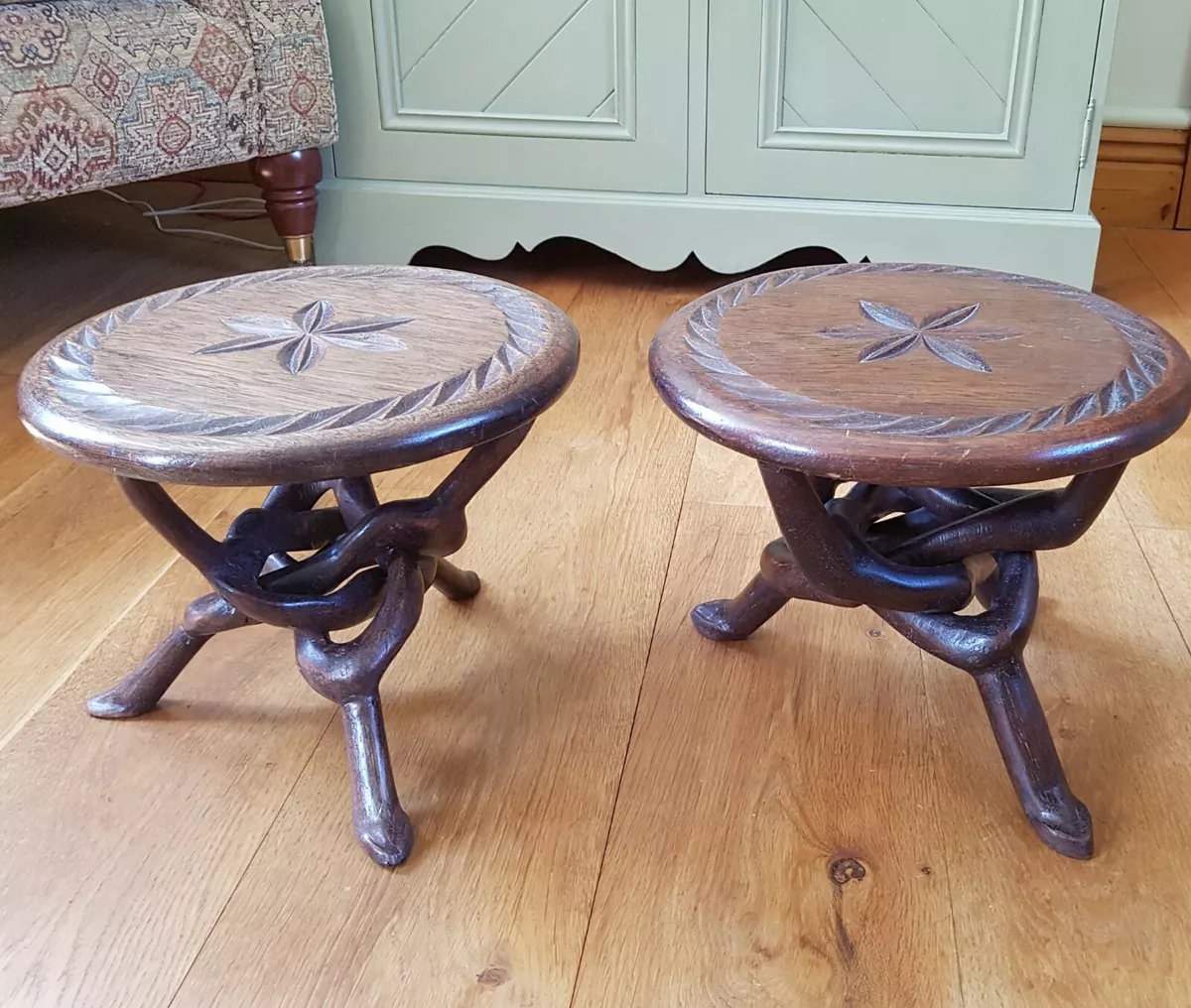 African Hand Carved Side Tables with intertwined legs Pair