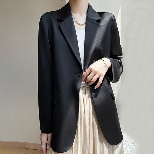 Women Mulberry Silk Satin Coat Button Mid-Length Lapel Long Sleeve Loose Jackets - Picture 10 of 19