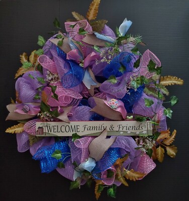 One 24'' Purple Blue Deco Mesh Wreath  Welcome Family & Friends New Realtor Home 