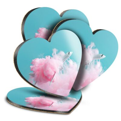 4x Herz MDF Untersetzer - Flugzeug Plane Pink Cloud #2065