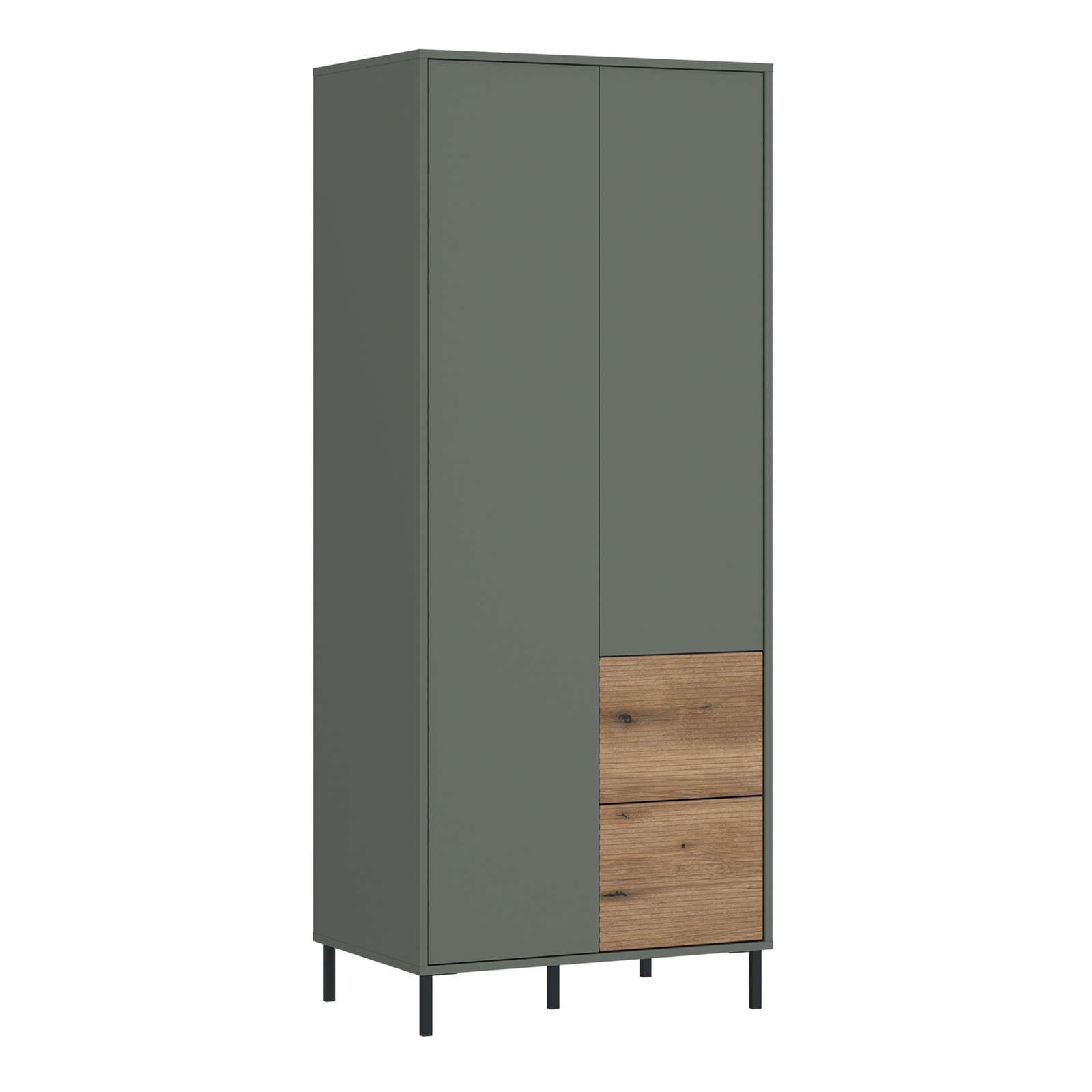 Green & Oak Wardrobe - 2 Door 2 Drawer Storage Closet with Metal Legs