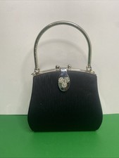 Vintage Black Fabric Evening Bag Silver Tone Handle Rhinestone Clasp
