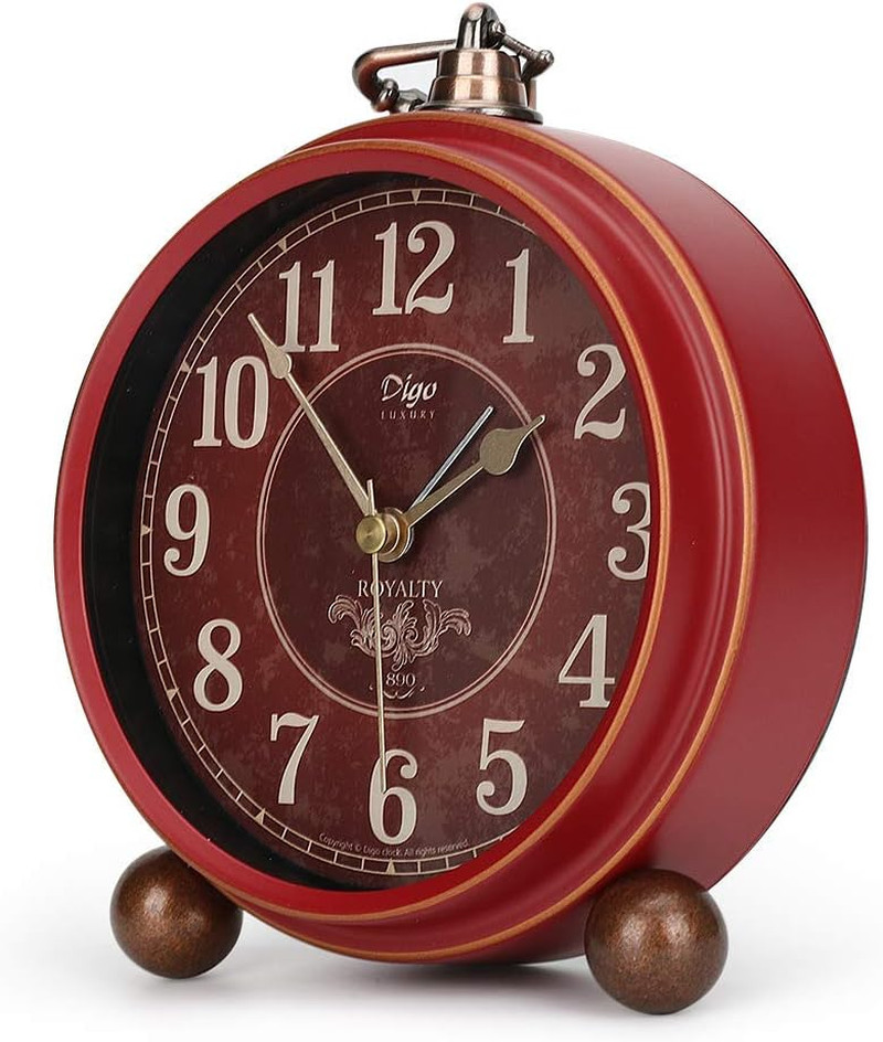 Classic Retro Alarm Clock, Red Vintage Non-Ticking Table Des