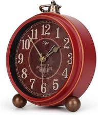 Classic Retro Alarm Clock, Red Vintage Non-Ticking Table Desk Small Alarm Clock,