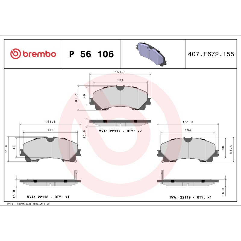 BREMBO P 56 106 Brake Pads Set Front for X-Trail Q50 Koleos Q60 QX50 Skyline