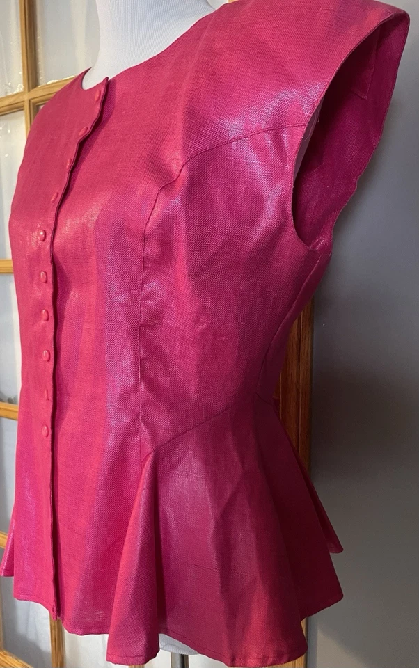 Blusa De Colección Años 70 ARPEJA Peplum Talla 12 Rosa Lino Plisado Lazo Botones Ciudad Hecha en EE. UU. Foto 2 de 4