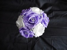 Bouquet Wedding flowers White Ivory Bridesmaid ribbon rhinestones heart Posy