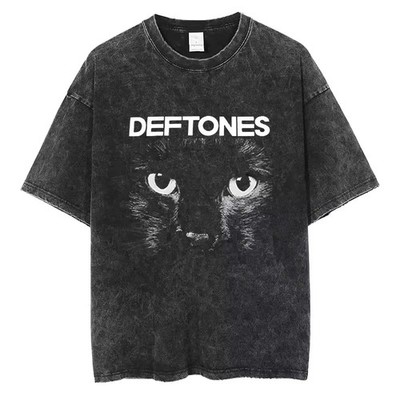 Men s cotton Washed Black Deftones Graphic T Shirt Vintage Style Band Tee S 