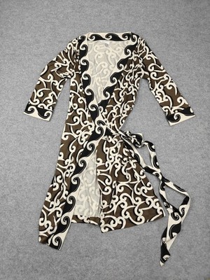 Diane Von Furstenberg Dress Womens 10 Brown Silk Wrap Fit & Flare Knee Length