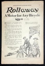 1920 Rollaway Power Attachment vintage Full Page AD *A Motor for Any Bicycle*