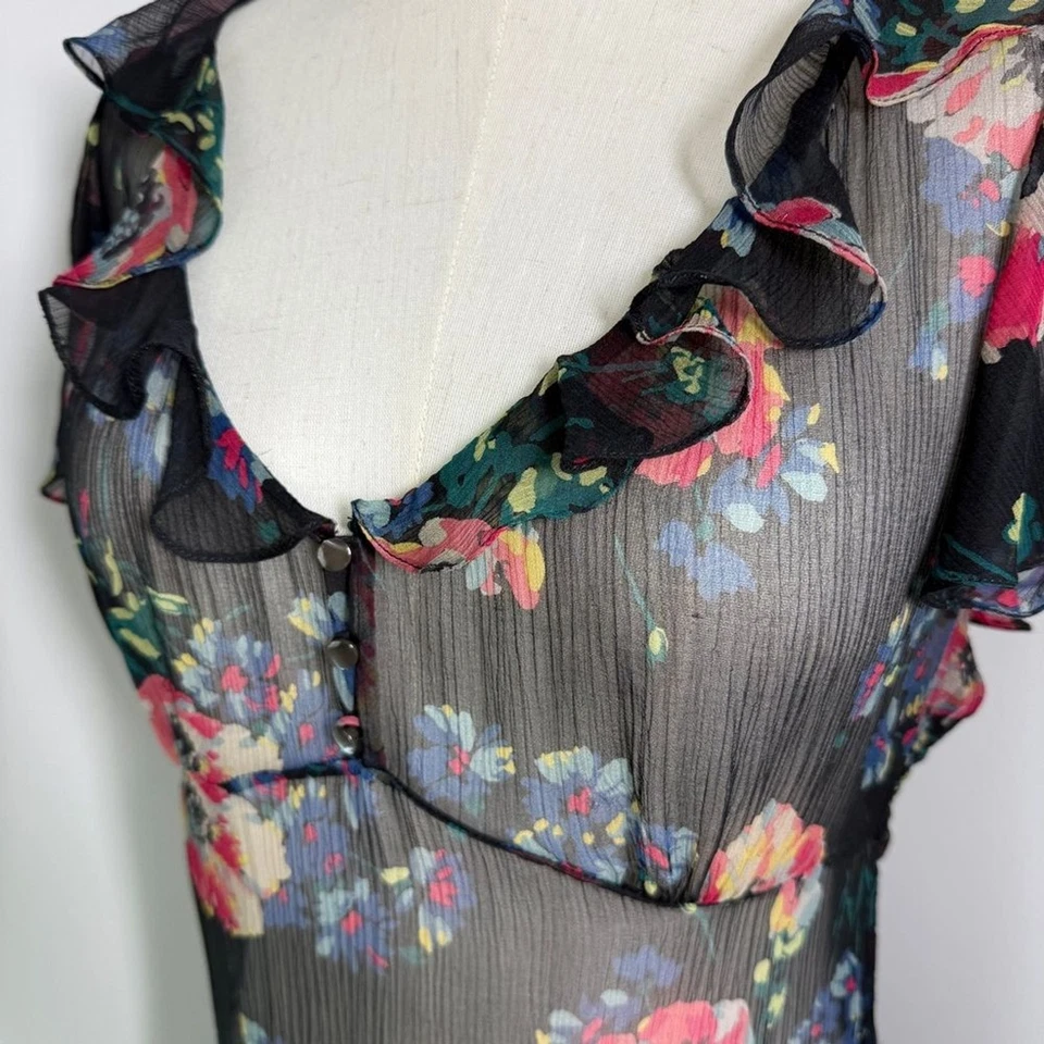 VINTAGE Y2K RALPH LAUREN Rugby 100% silk floral drop waist sheer DRESS 6 - Image 2 of 4