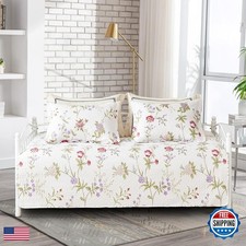 Jarson 3 Pcs Floral Daybed Cover Set Twin Size Beige Purple with Pillow Shams