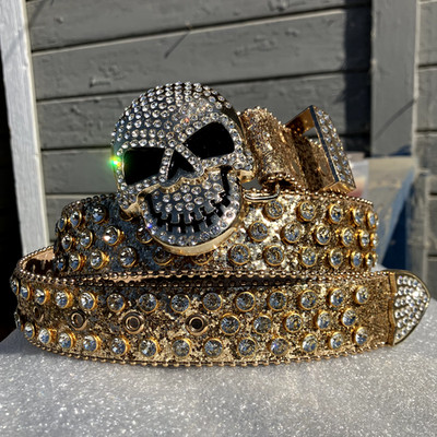 Y2K *NEW* GRUNGE SKULL GOLD GOTHIC RHINESTONE STUDDED BELT PUNK BB *RARE*