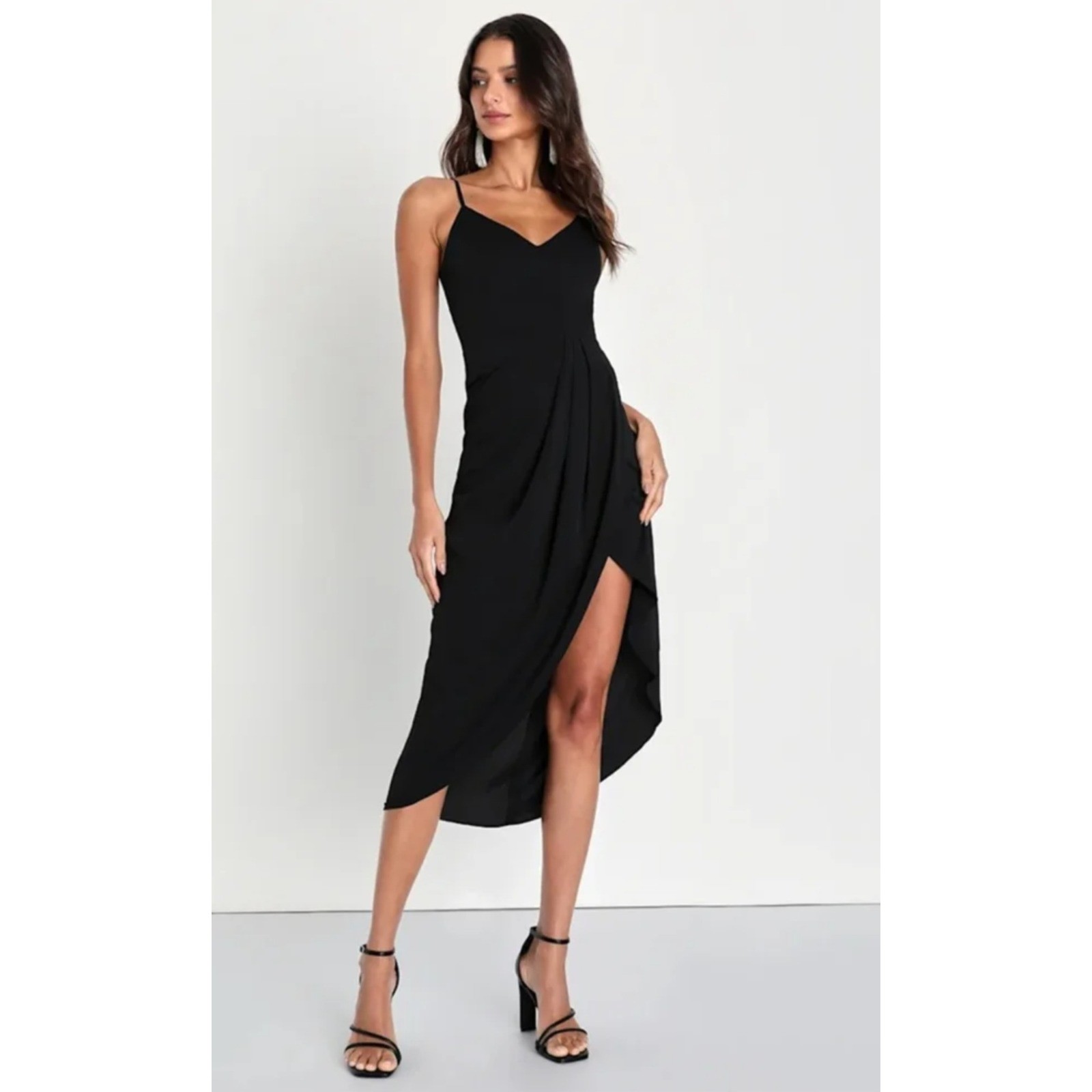 Lulus Reinette Dress Sz S NEW Cocktail Midi Sleeveless Tulip Hem Black Ruched