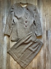 VINTAGE VALENTINO MISS V 2 PC. 100 WOOL PLAID SKIRT SUIT BROWN/BEIGE, SZ 8