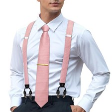 Mens Suspenders Tie Set Silk Adjustable Elastic Y Braces, 6 Clips Pocket Square
