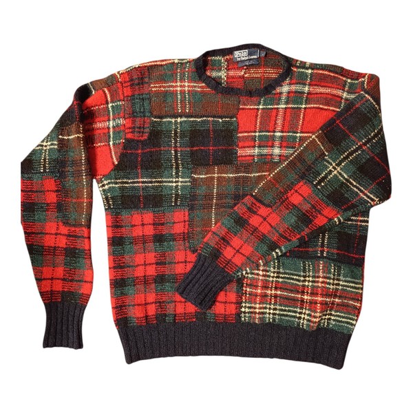 Pull vintage années 90 Polo Ralph Lauren Patchwork Tartan Tricoté à la main en laine Homme
