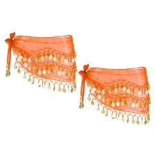 2 Pcs Belly Dance Hip Scarf 57x11" with 72 Gold Coin, Orange