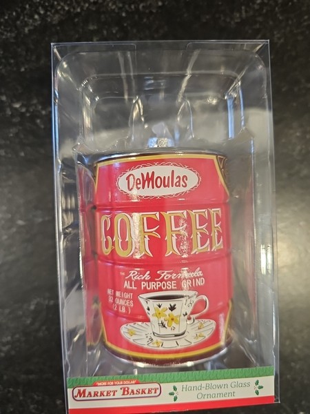 Cesta de mercado Demoulas supermercado lata de café vintage adorno navideño