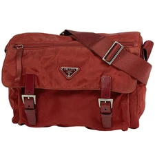 Prada Logo Plate Shoulder Bag B6671 Red Nylon Vintage Authentic