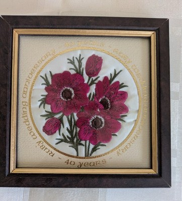 Gerahmte Stickerei Rubin Hochzeitstag 40 Jahre Chinesischer Mohn Vintage