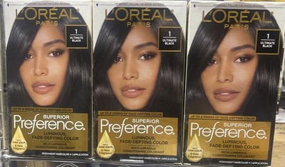 3 pack L'Oreal Superior Preference Permanent Hair Color #1 ULTIMATE BLACK
