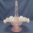 Vintag Fenton Hand Painted Spring Splendor Pink Chiffon Opalescent Ribbed Basket