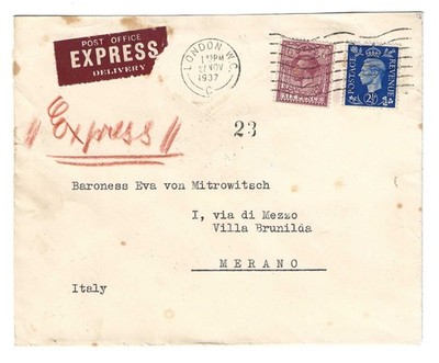 1937 Großbritannien - Umschlag nach Meran mit gemischten zwei Königen Edward und Georg