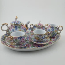 Vintage Delton Fine Collectible 10 Piece Mini Tea Set Floral Gold Detail Pink