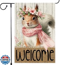 Welcome Spring Garden Flag 12x18 inch Burlap Double Sided Squirrel Garden Fla...