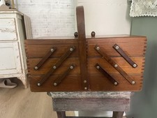 Vintage Mid-Century Wooden Accordion Sewing Crafting Supply 3-Tier Organizer Box