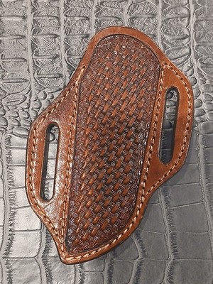 Brown Basketweave Open Top Belt Loop 45° Fix Blade Knife Leather Sheath