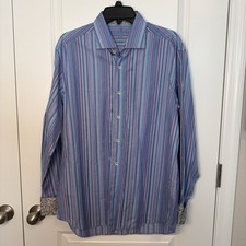 Bugatchi Uomo Shirt Mens stripe Long Sleeve shaped fit Contrast Cuff LG Crisp