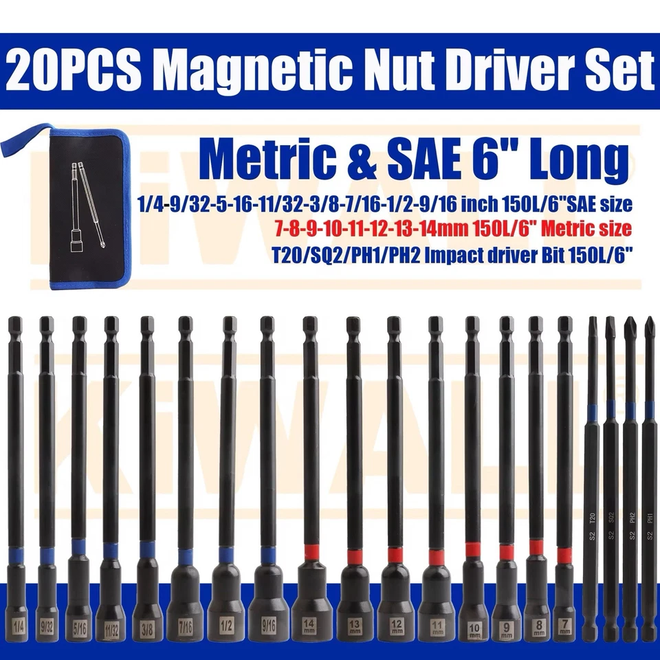 20Pcs 150mm Long Magnetic Nut Driver Socket Kit, Impact Drill Bit Metric & SAE - Image 2 of 4
