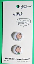 (2) RARE 1970s 9/16" JHB PEANUTS LINUS BUTTONS COLLECTIBLES CARD NOS-A1