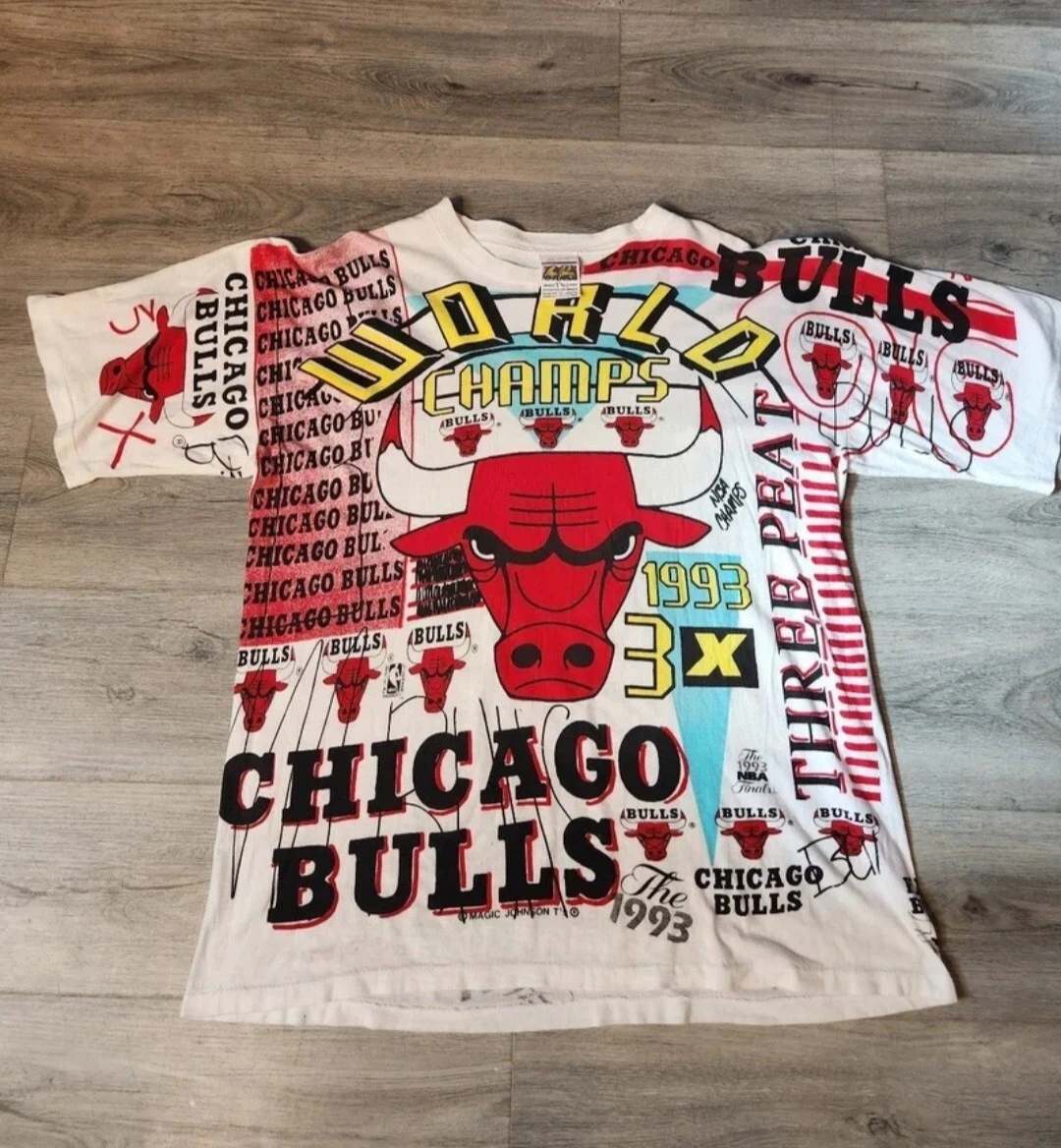 VTG MAGIC JOHNSON Chicago Bulls AOP Championship T Shirt 90s single stich XL