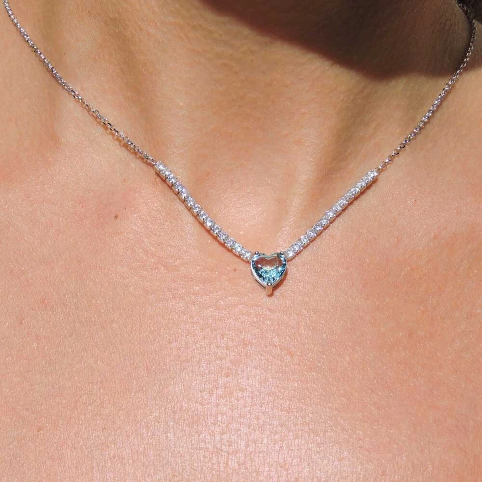 Collana Tennis in Argento Sterling 925 con Zircone Cuore Acquamarina e Zirconi B - Immagine 2 di 4