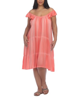 Raviya Plus Size Pigment-Wash Off-the-Shoulder Dress Cover-up - Coral 1X