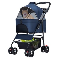 Foldable Pet Dog Stroller Travel Carriage 4Wheel Cart W/Storage Basket Cup Holde