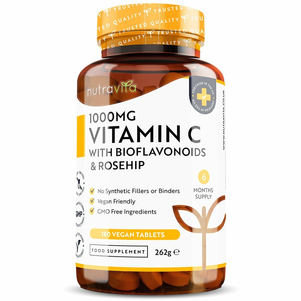 Vitamin C 1000mg & Bioflavonoids, Rosehip - 180 Vegan Tablets - Immune Support