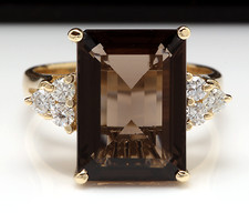 7.35Ct Natural Smokey Quartz Diamond 14K Solid Yellow Gold Ring
