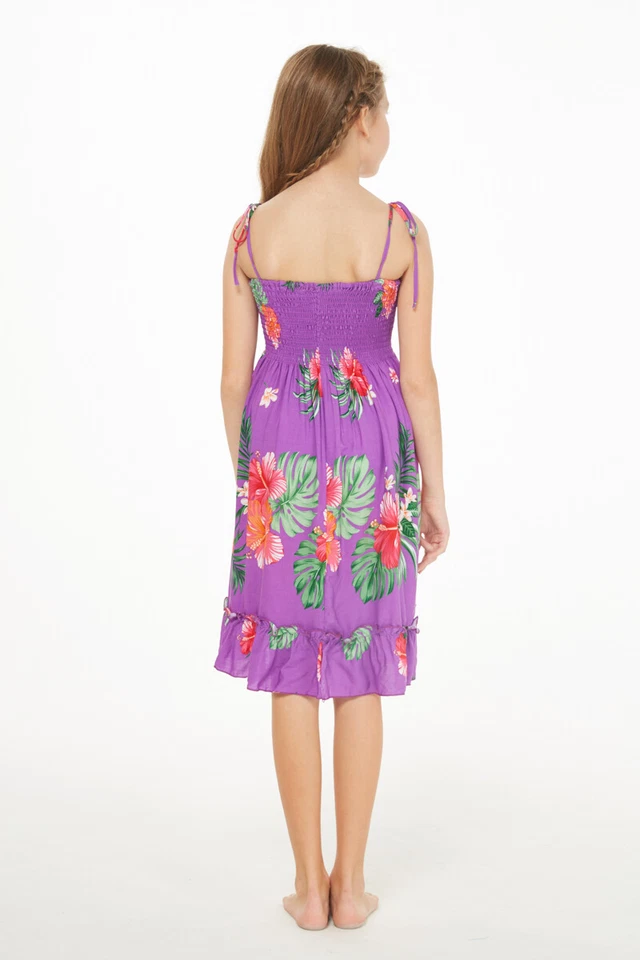 Vestido Luau hawaiano con volantes elásticos para niña en púrpura Foto 2 de 4