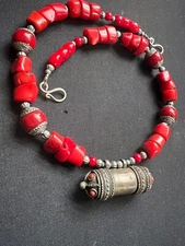 Hirz Tibetan amulet, talisman, prayer box W/ Nepalese Capped Red Coral necklace.