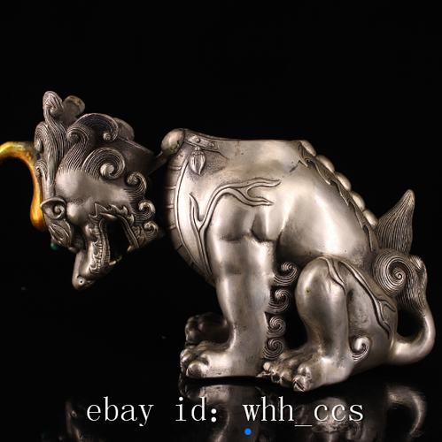 8.8" China's old pure copper hand-made silver-plated unicorn incense burner - Picture 7 of 9