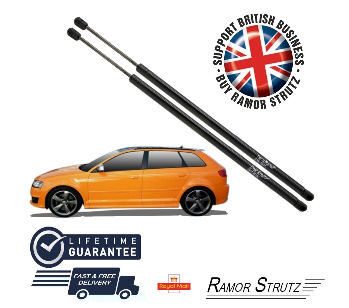 Ramor Strutz 2x Boot Gas Struts For Audi A3 3-Door Hatchback (8P1) 2003-2012 - Replacement 490N 475mm