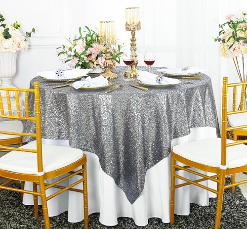Wedding Linens Inc.72"x72" Square Sequin Taffeta Table Overlay Topper Tablecloth - Picture 4 of 14