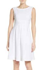 NWT - ADRIANNA PAPELL Women's 'PLEATED FIT' White WIDE WAIST FLARE DRESS - 4